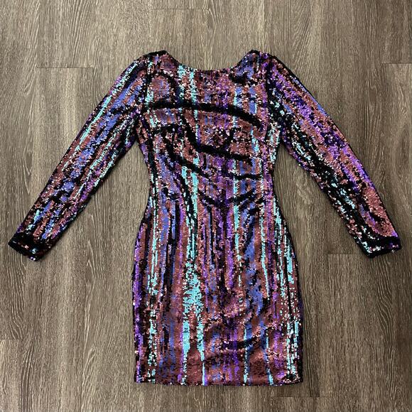 EUC Dress the Population Lola Sequin Mini Dress Sz M Long Sleeve Scoop Back NYE - Picture 9 of 16